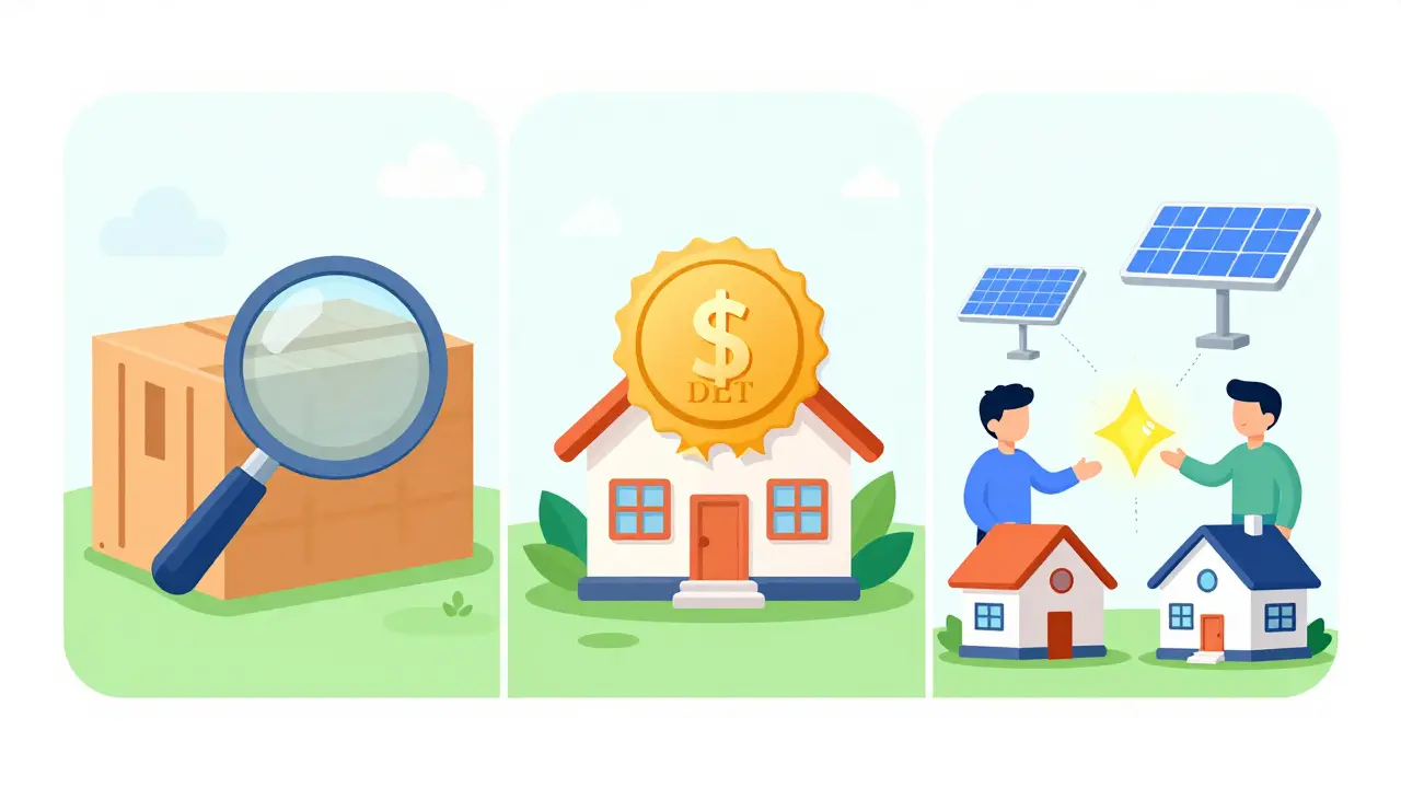 Verschiedene DLT-Anwendungen: Lieferketten-Tracking, Grundbuch und direkter Solarstromhandel.