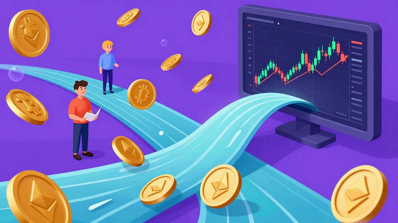 Verschiedene Kryptowährungen, die in ein modernes Trading-Terminal mit farbigen Kurscharts fließen.