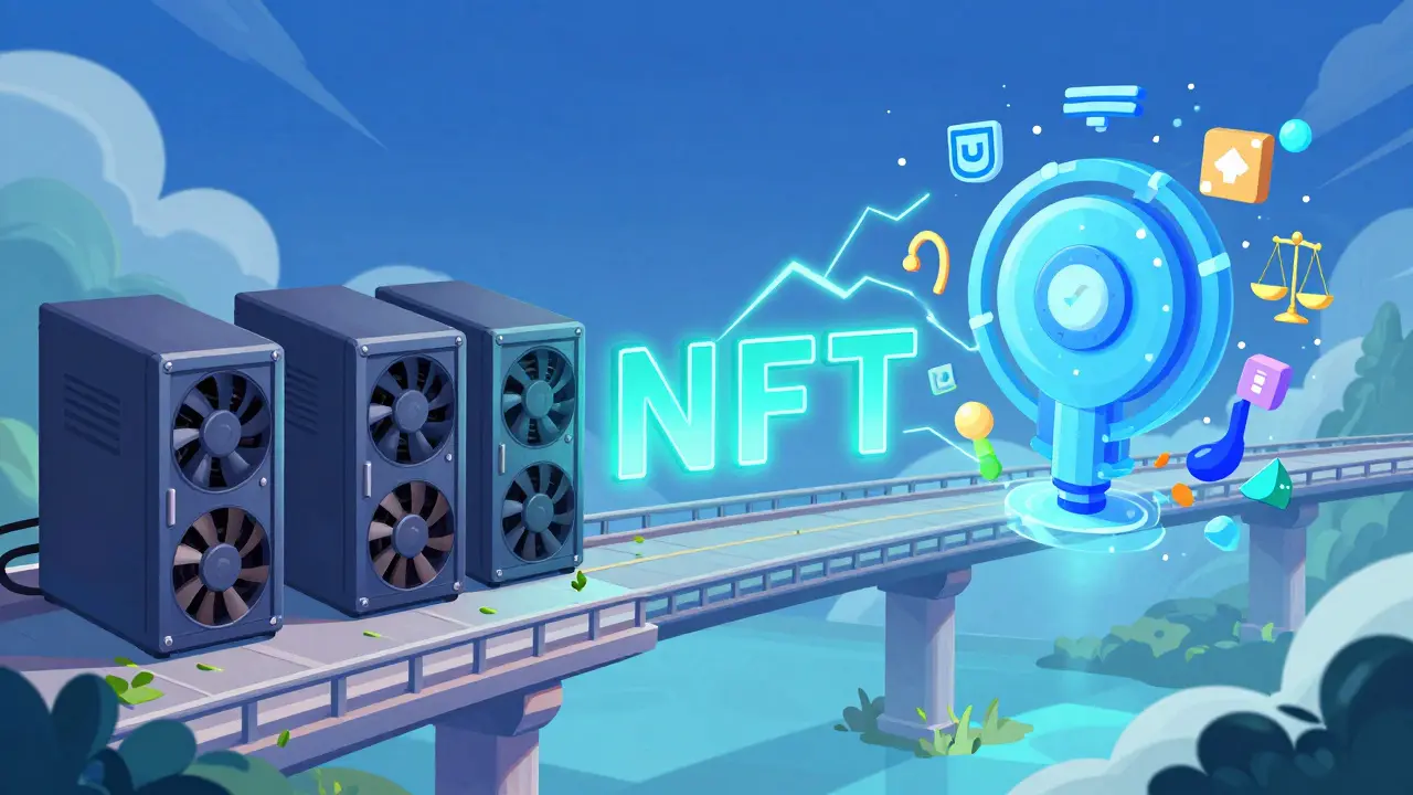 Zeichnung einer Brücke zwischen Mining-Hardware und geistigem Eigentum via NFT.