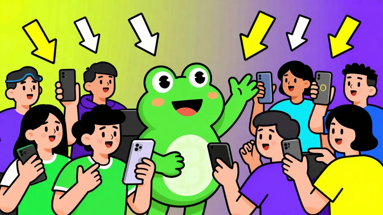 Cartoon-Charaktere beobachten volatile Krypto-Markt-Trends auf ihren Smartphones