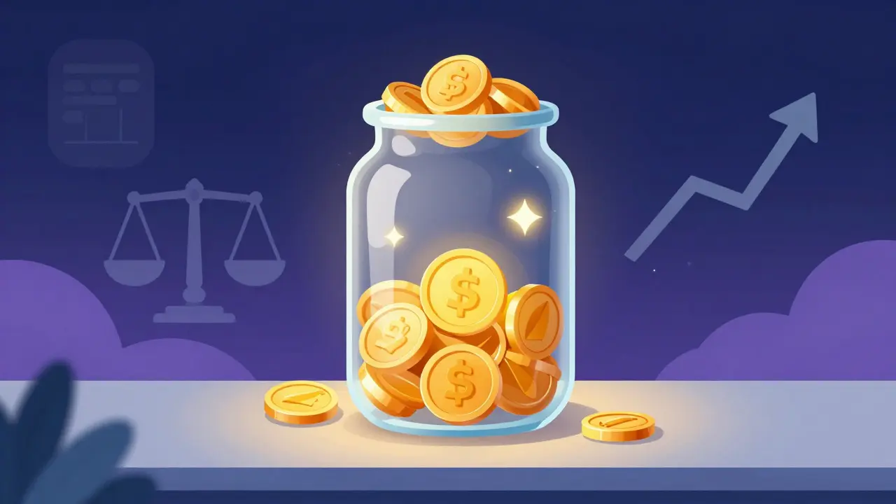 Ein Glasgefäß voller goldener Punkte und Münzen als Symbol für Rewards