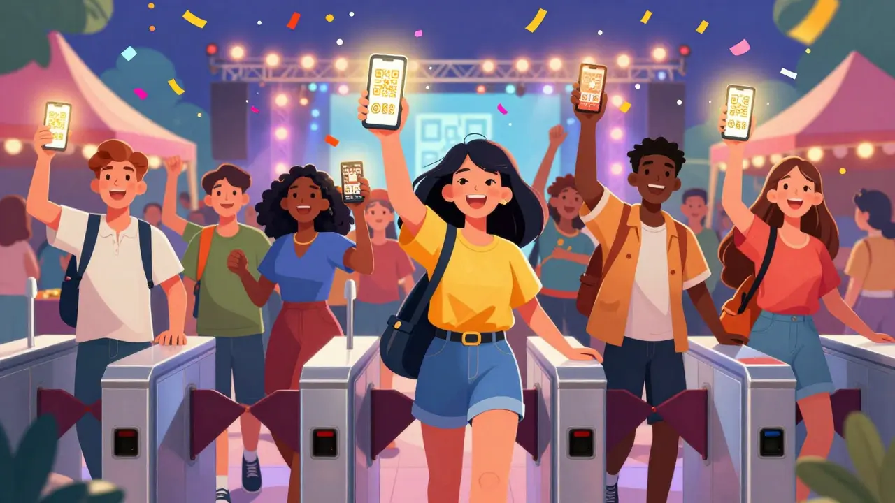 Glückliche Fans scannen mobile Tickets am Festival-Eingang