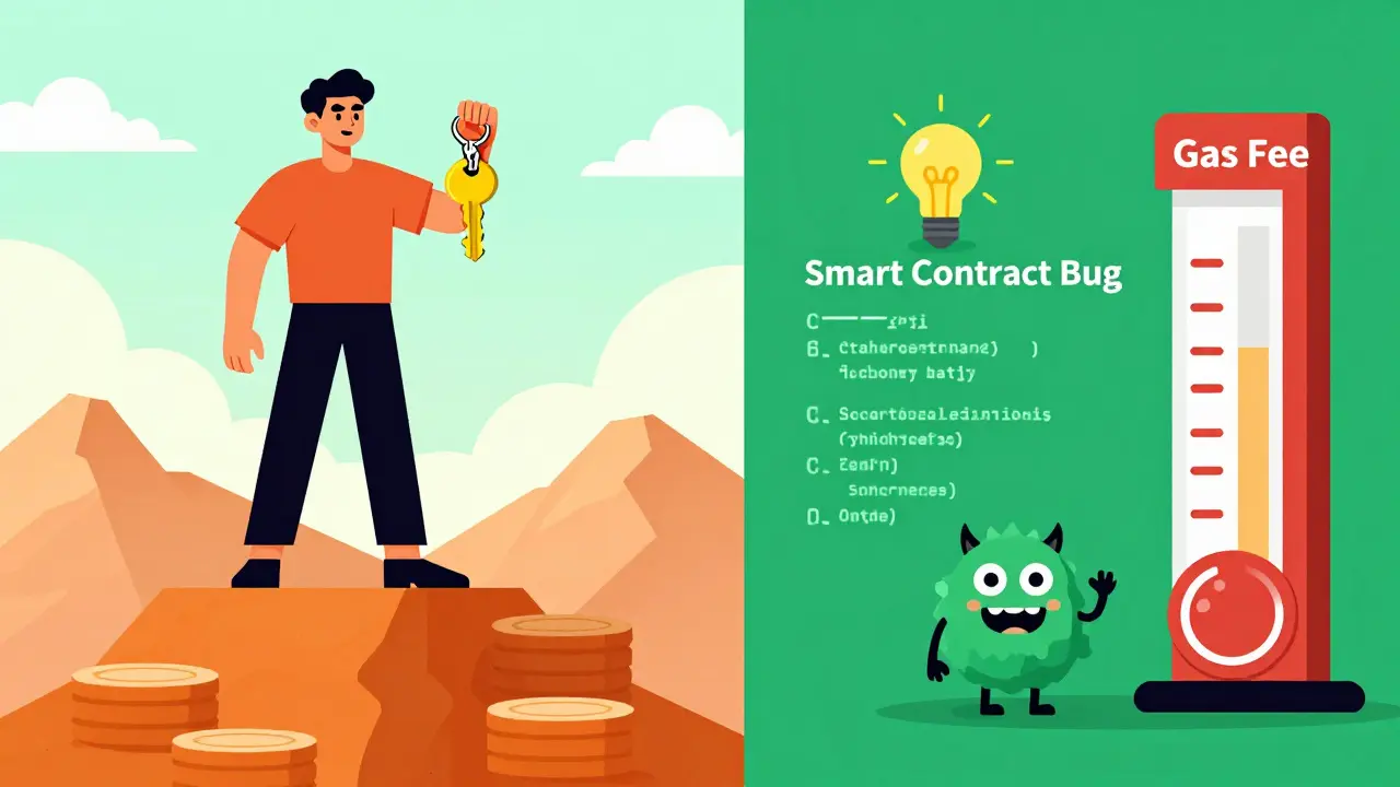 Grafik zeigt Kontrolle durch Private Keys und Risiken wie Smart Contract-Fehler.