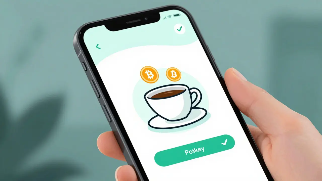 Hand hält Smartphone, das eine einfache Krypto-Zahlung für Kaffee auf der Wallet-App zeigt.