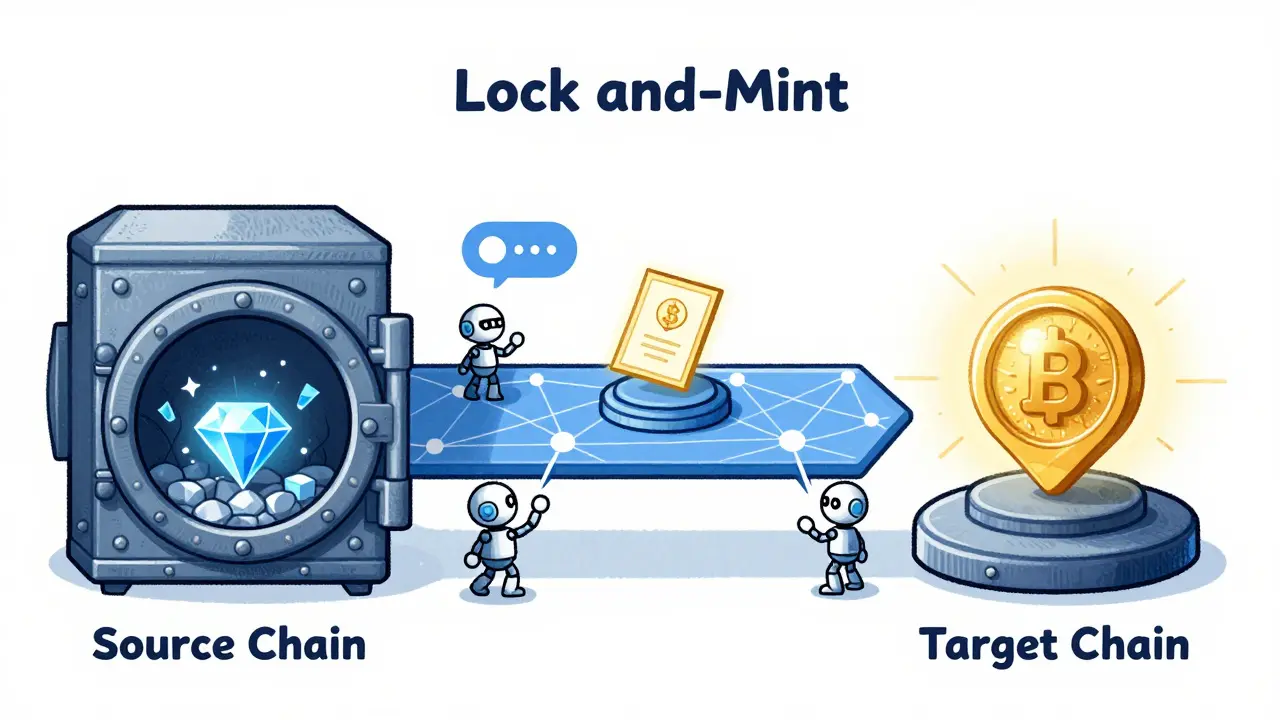 Illustration des Lock-and-Mint-Prozesses bei Bridges