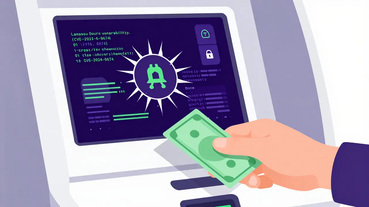 Illustration eines gehackten Krypto-Automaten mit Malware-Symbolen und Manipulation