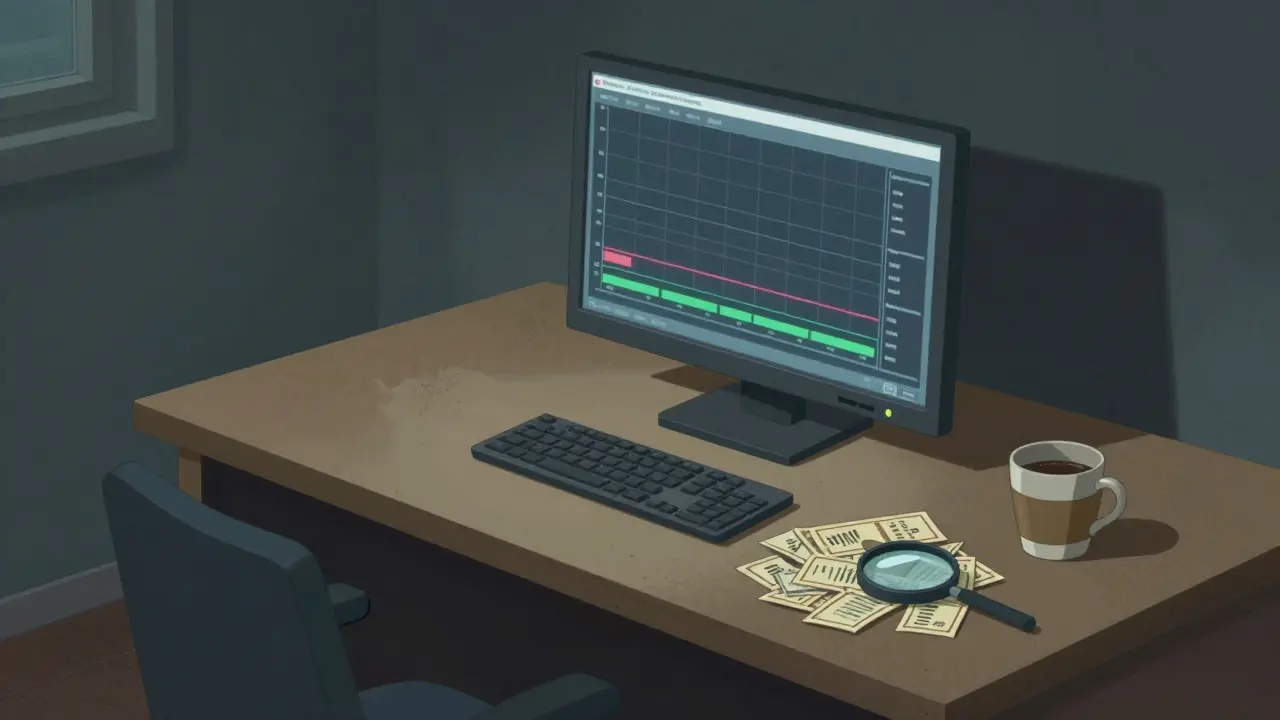 Illustration: Einsame Handelsstation mit wertlosen Token und flachem Chart