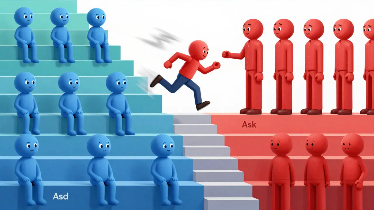 Illustration: Orderbuch als Treppe mit wartenden und hastigen Händlern