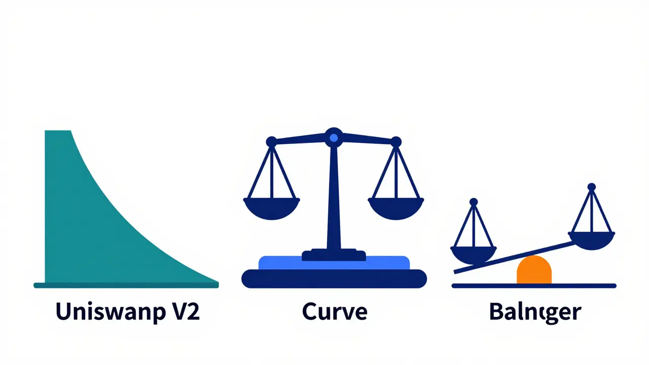 Illustration: Vergleich von Curve, Uniswap V2 und Balancer als stabile und instabile Strukturen