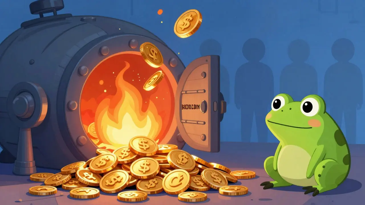 Illustration von verbrannten Liquiditäts-Token und sicherem Tresor im Cartoon-Stil