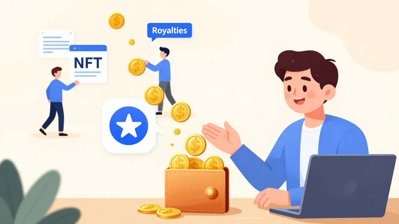 Illustration zeigt automatische Royalty-Einnahmen als Goldmünzenstrom für einen Creator.