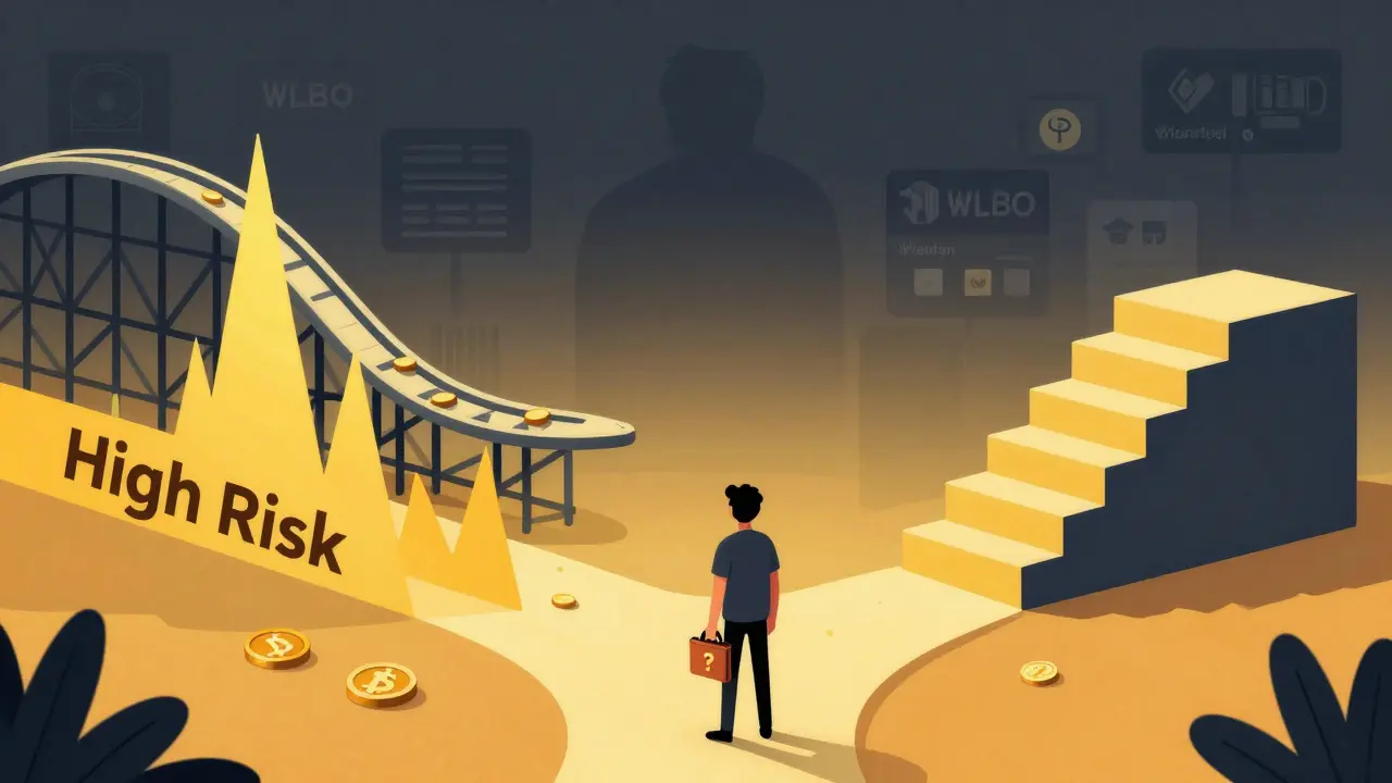 Karikatur über die Risiken und Volatilität von Hochrisiko-Krypto-Investitionen