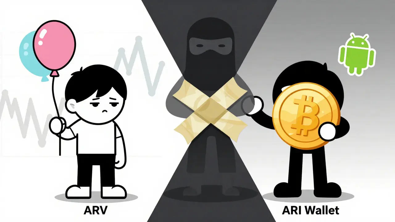 Kartoon zeigt Verwechslung zwischen ARV-Token und ARI Wallet