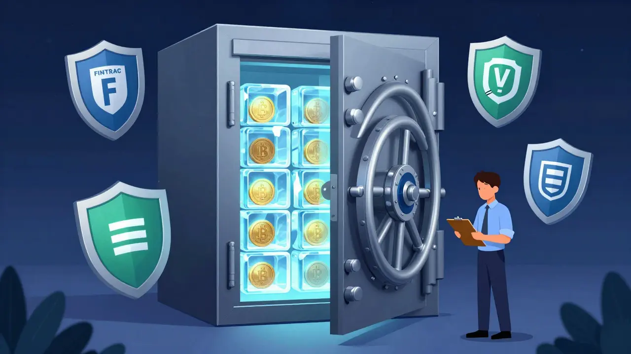 Konzeptillustration eines sicheren Vaults mit regulatorischen Symbolen