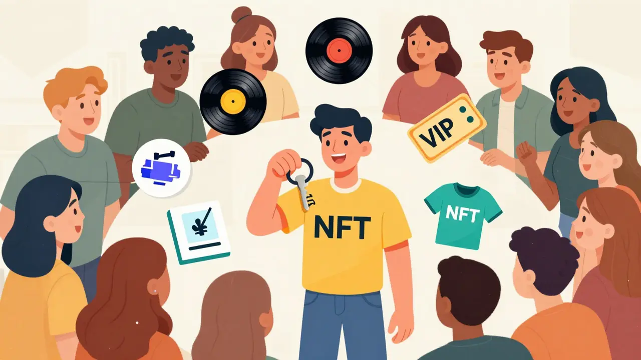 NFT als Schlüssel zu exklusiven Vorteilen wie Merch und Community-Zugang im Cartoon-Stil.