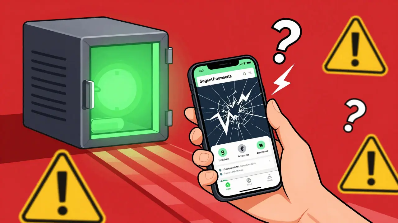 Nutzer mit Smartphone-Wallet, Warnsymbolen und sicherem Hardware-Wallet-Vault im Hintergrund
