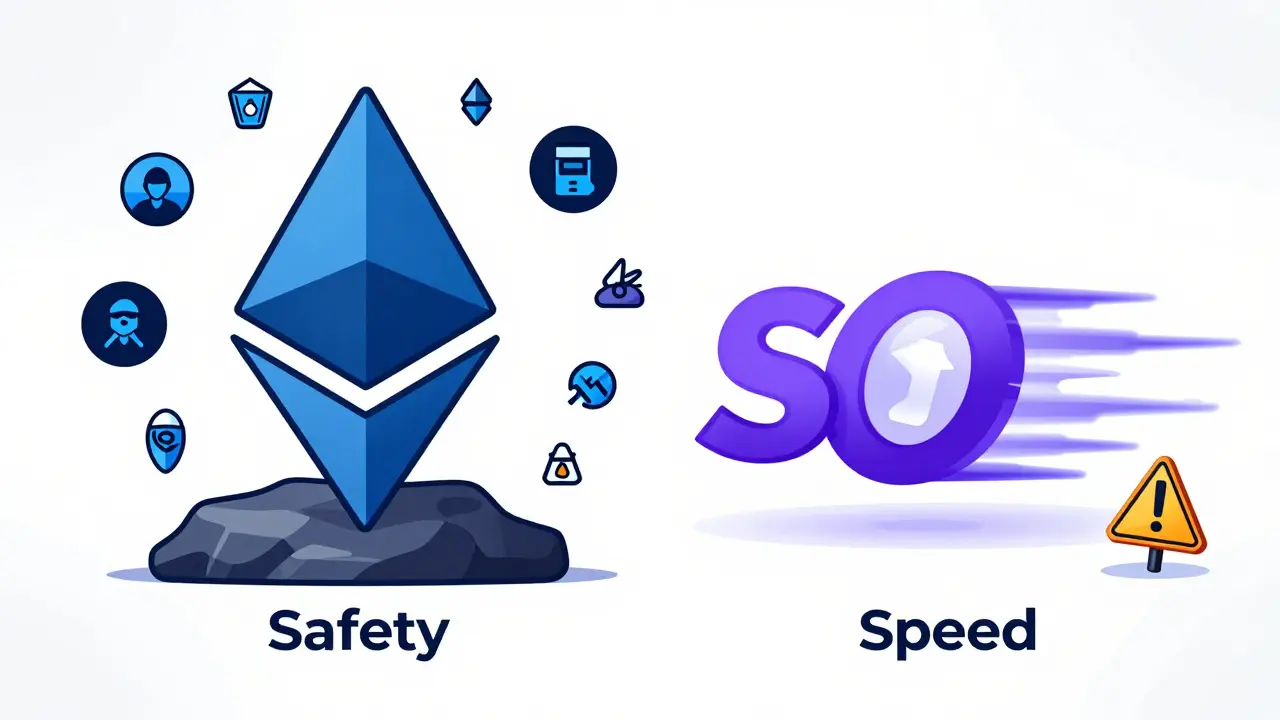 Vergleich von Ethereum-Sicherheit und Solana-Geschwindigkeit als Cartoon-Illustration