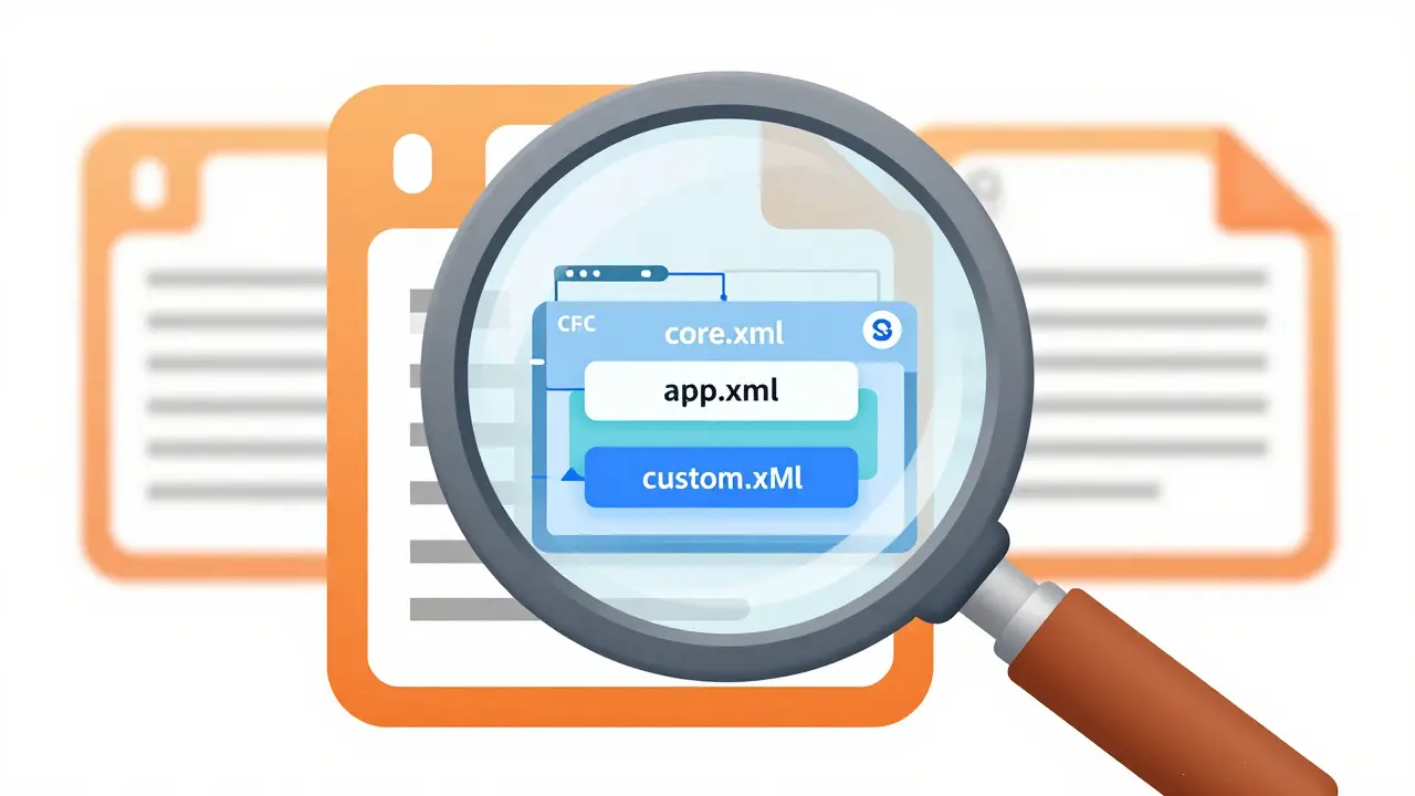 Vergrößerungsglas zeigt versteckte XML-Metadaten in einer DOCX-Datei