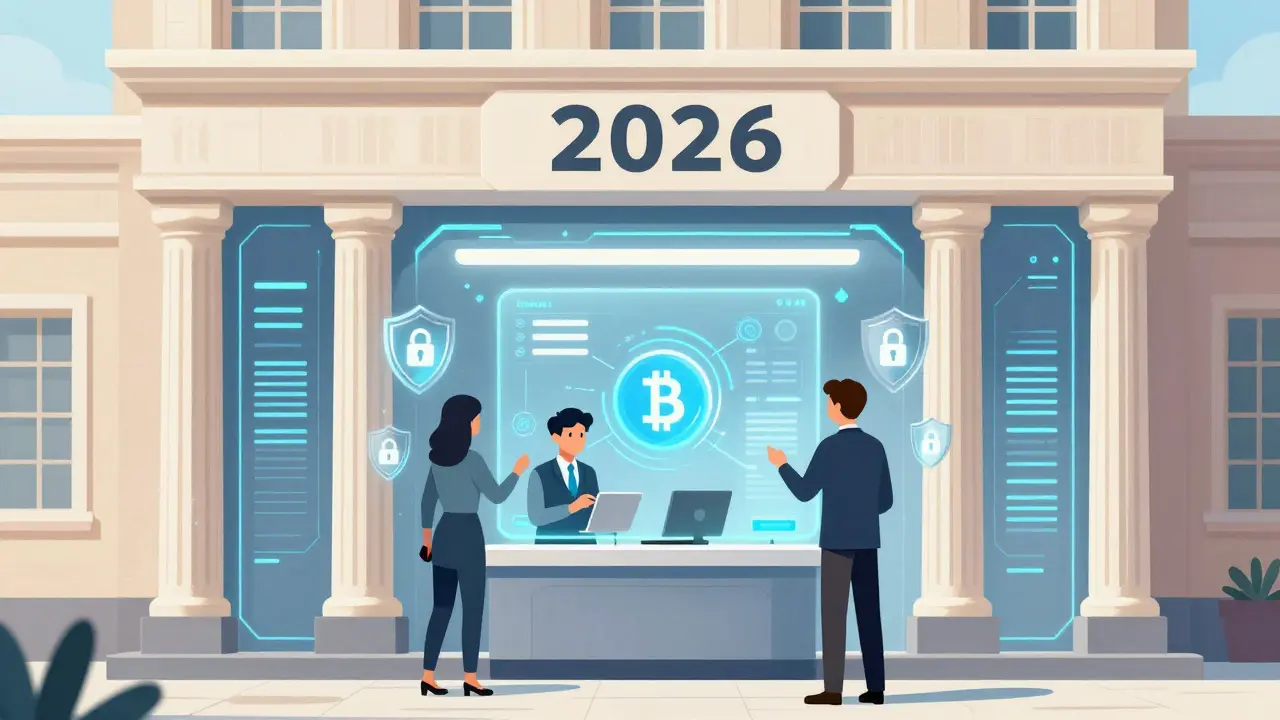 Cartoon: Bank und Krypto verschmelzen mit sicherem digitalen Interface