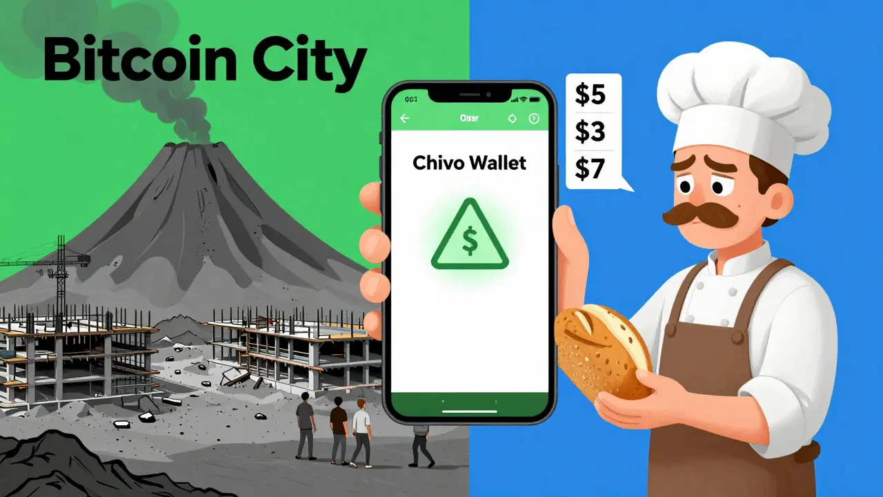 Eine verlassene Baustelle und ein frustrierter Bäcker illustrieren das Scheitern der Bitcoin-Stadt und der Wallet.