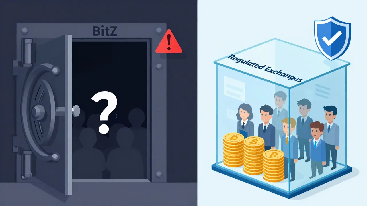 Illustration: Dunkler, undurchsichtiger Tresor von BitZ im Vergleich zu transparenten, regulierten Börsen.