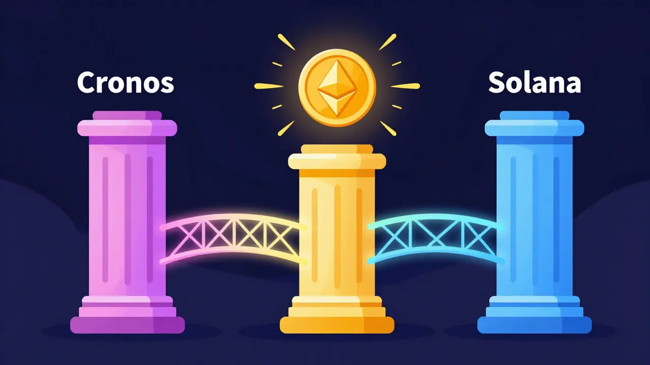Illustration von drei verbundenen Blockchain-Pfeilern mit Token