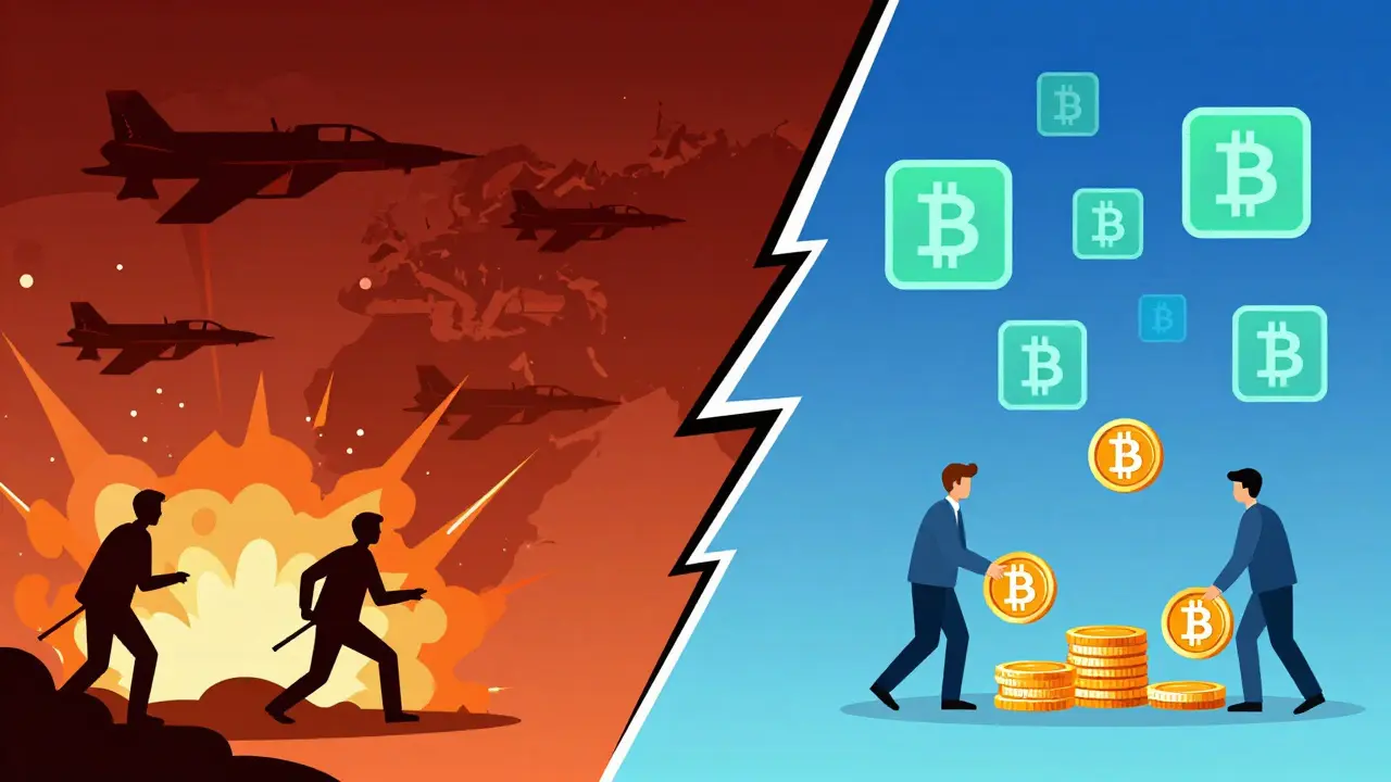 Illustration zeigt Konflikt links und Krypto-Transaktionen rechts als Reaktion darauf