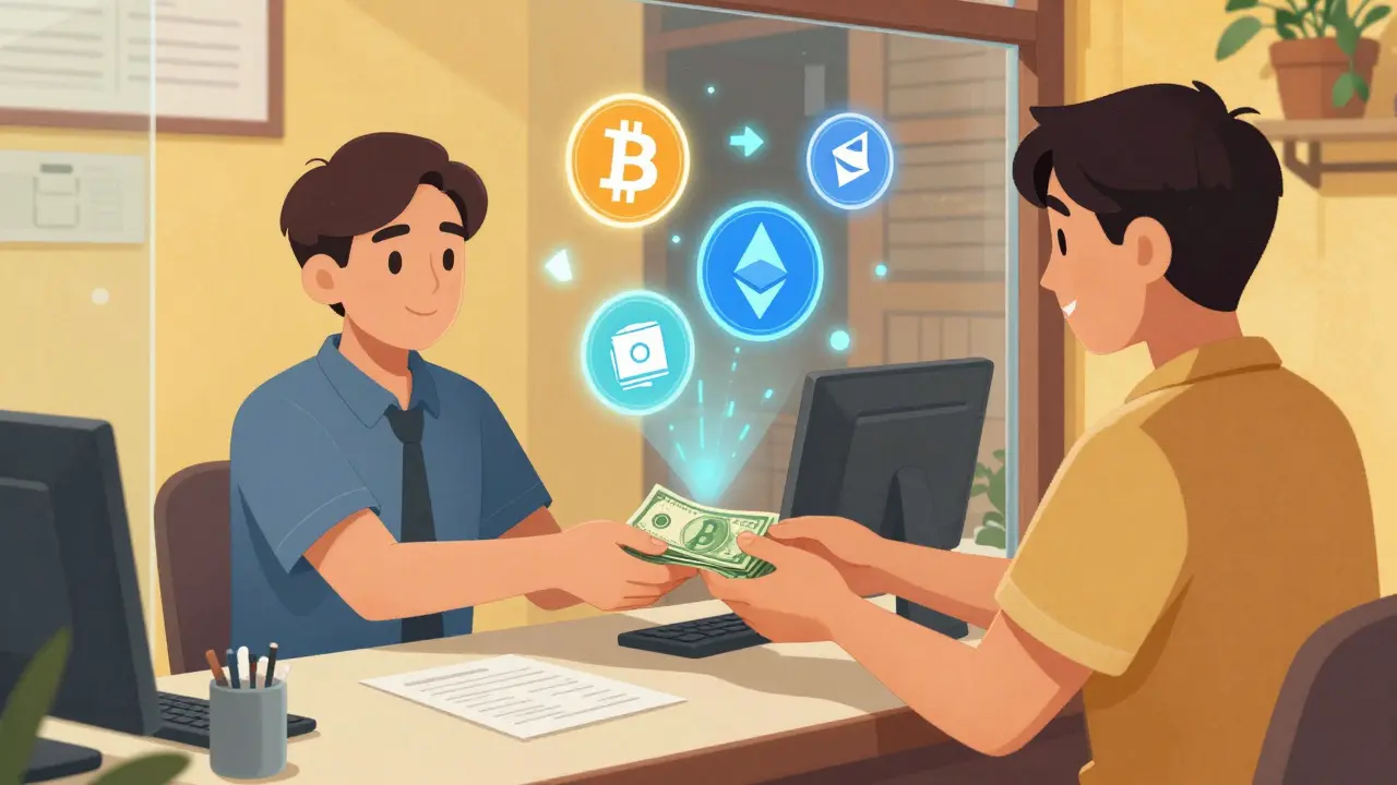 Kunde zahlt bar an Schalter für sofortigen Krypto-Kauf in Vietnam