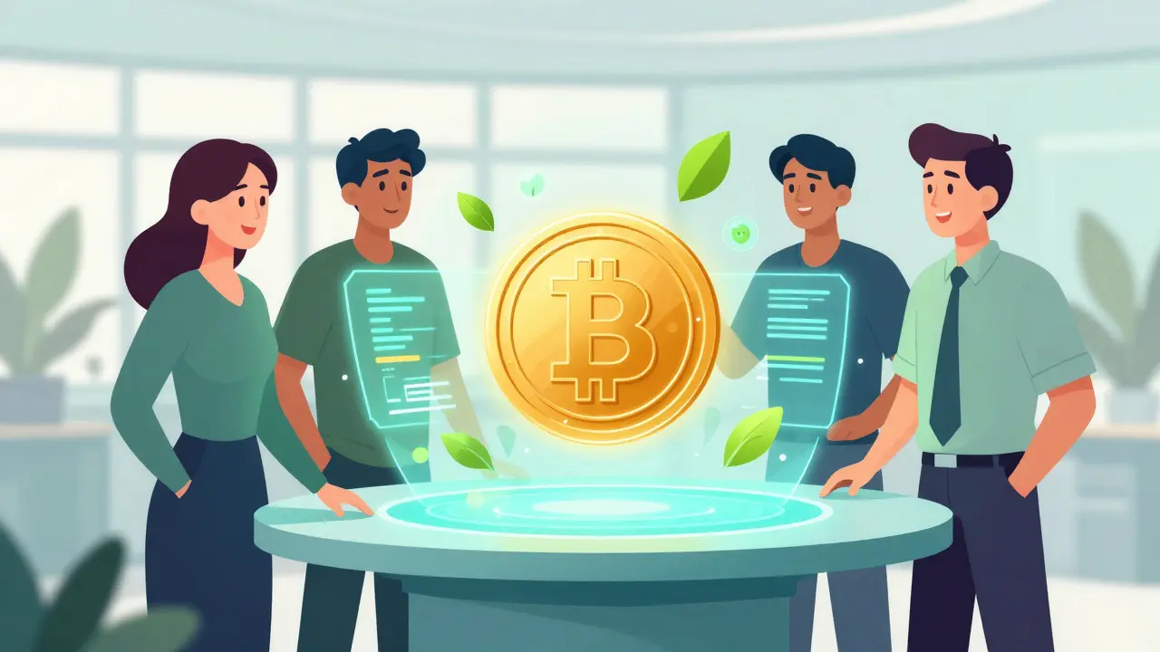 Team diskutiert profitable Mining-Strategien vor Hologramm