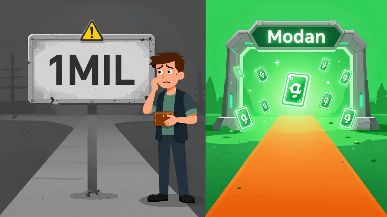 Verwirrter Investor zwischen 1MIL und Monad-Pfad in Cartoon-Stil