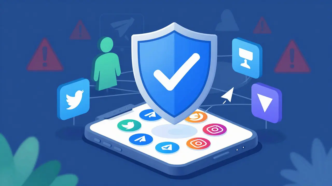 Zeichnung: Sicherheitsschild über Social-Media-Icons