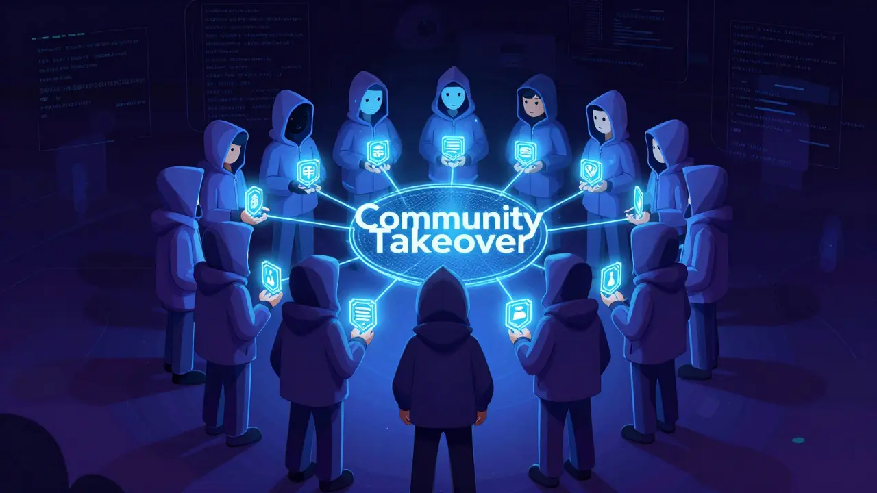 Anonyme Avatare bilden ein gemeinsames Netzwerk aus glühenden Token