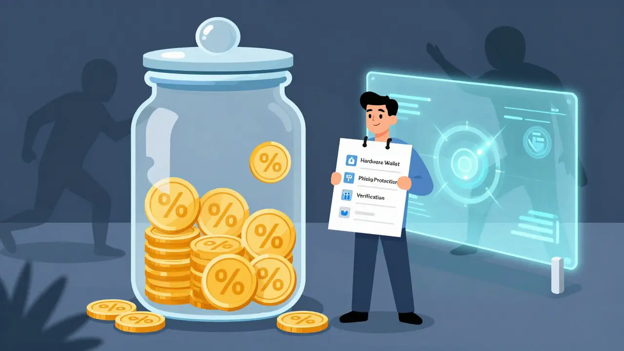Cartoon-Zeichnung zur Krypto-Sicherheit mit Hardware-Wallet und Schutzschild gegen Betrug