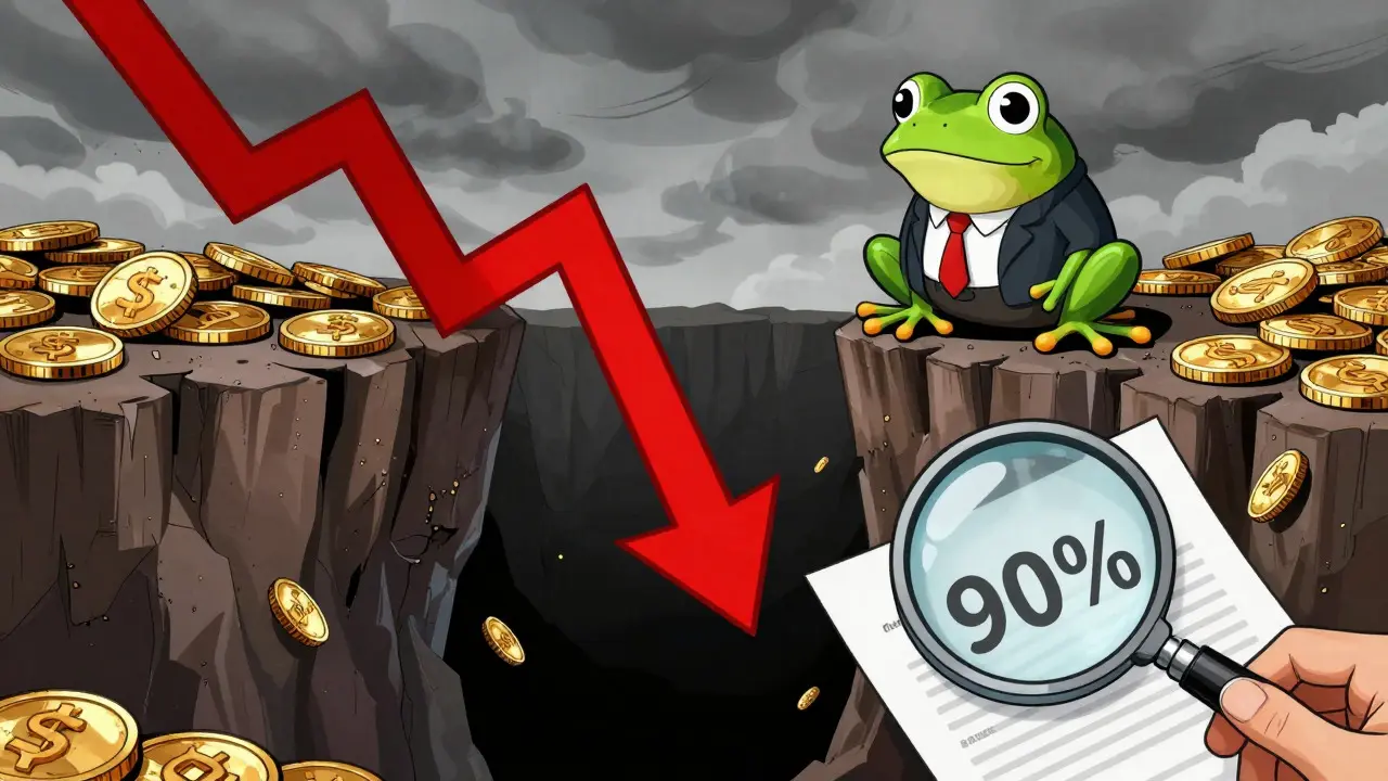 Ein Frosch-CFO am Abgrund symbolisiert das hohe Risiko und den Kursverfall.
