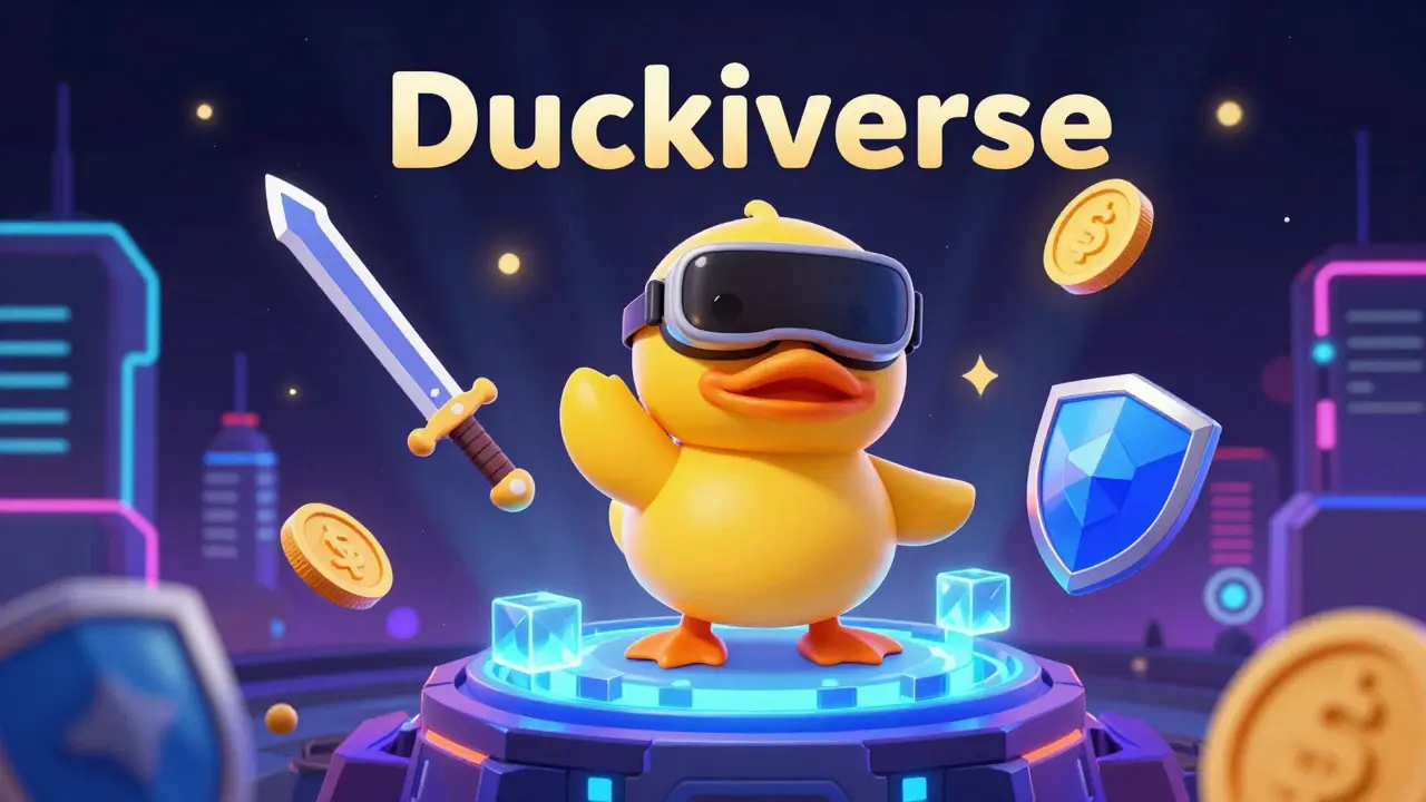 Ente in VR-Brille im futuristischen Duckiverse-Spielökosystem
