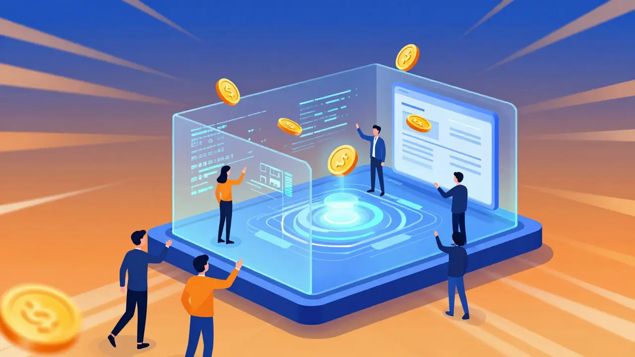 Futuristische IDO-Plattform mit schwebenden Token und Investoren