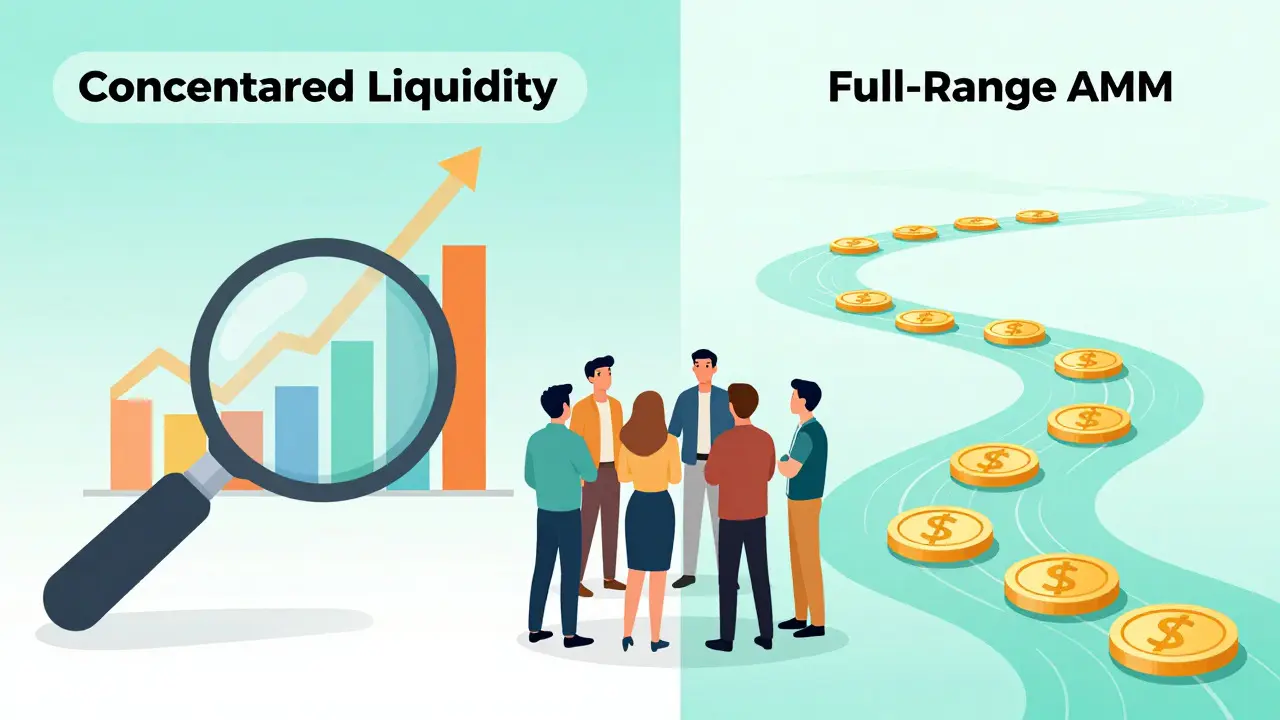 Illustration comparing concentrated vs full-range liquidity trading models