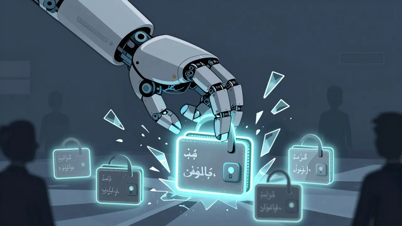 Illustration: Tether robot hand freezing Iranian crypto wallets
