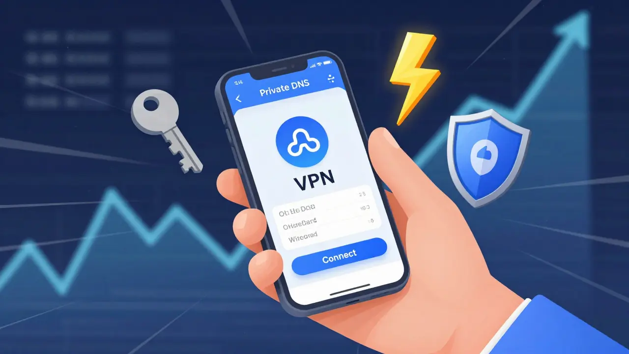 Smartphone zeigt VPN-App mit Sicherheits- und Geschwindigkeitsicons