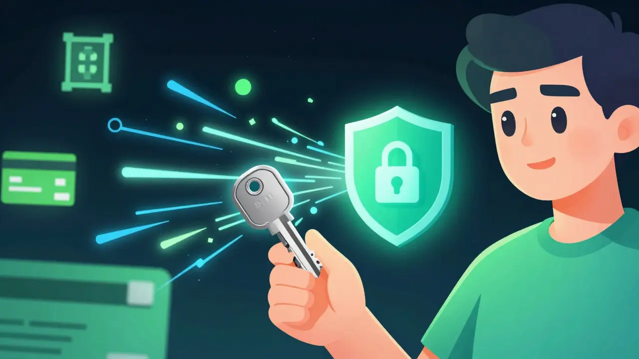 Stylized avatar securing a digital wallet with a glowing key and shield
