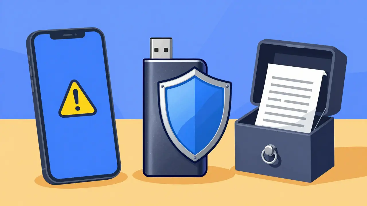 Vergleich von Software-, Hardware- und Paper-Wallets in Cartoon-Stil