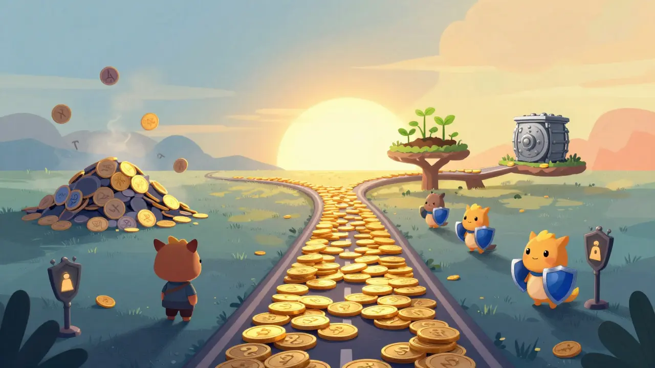 A character walking a golden token path past security guardians, leaving behind confusing symbols.