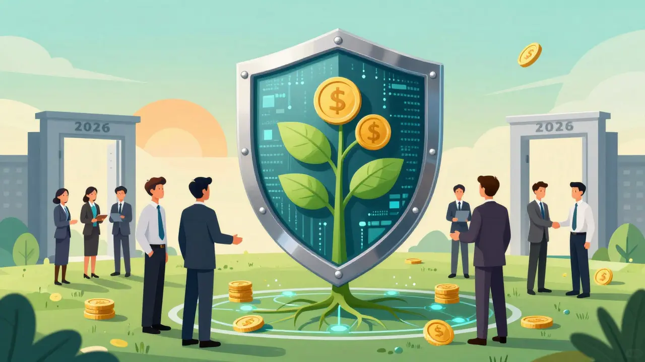 A digital shield protecting a growing asset plant, surrounded by institutions and developers.