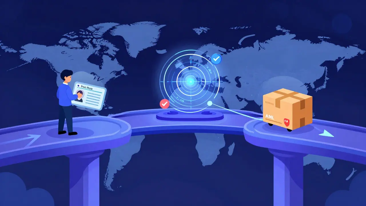 Abstrakte Illustration der drei Compliance-Säulen: KYC, AML und Travel Rule