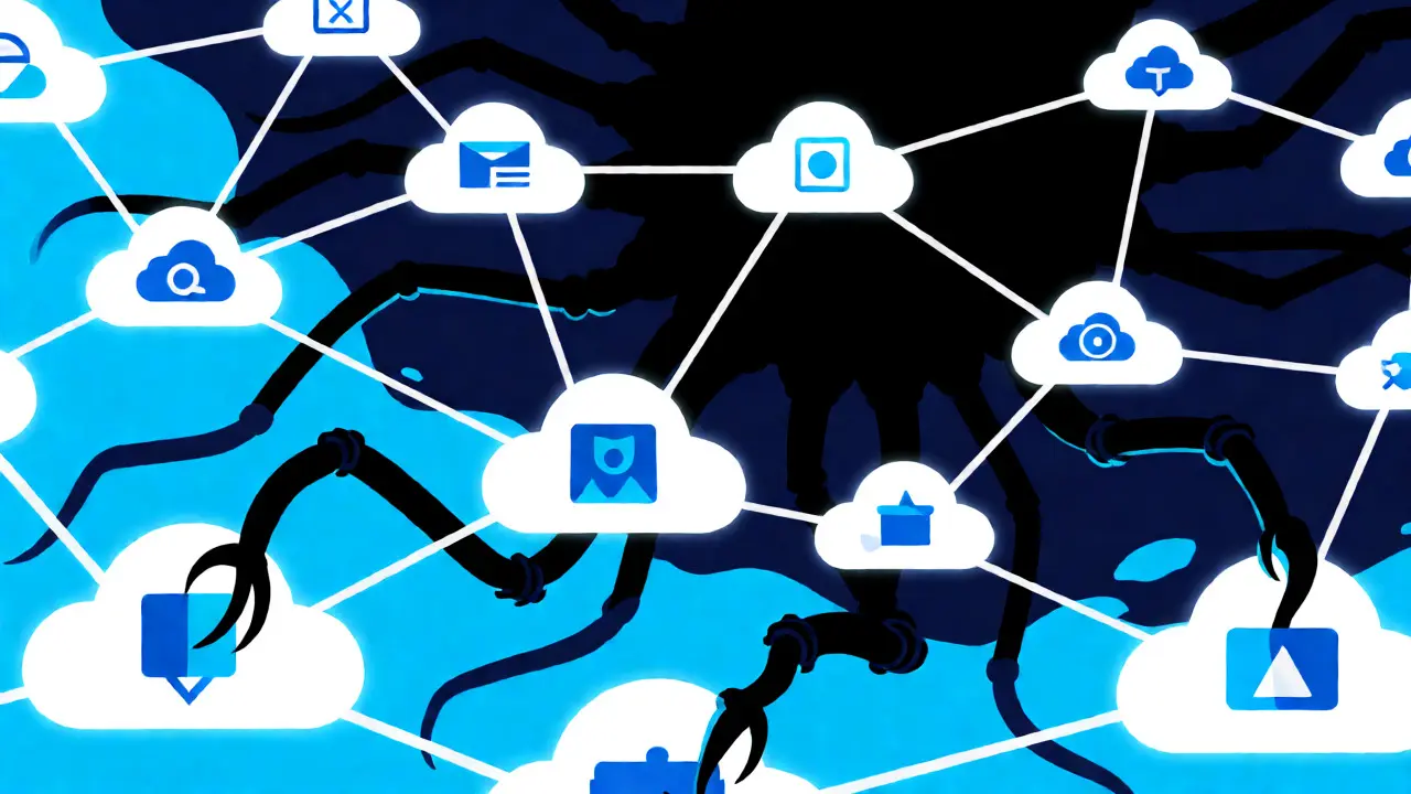 Abstrakte Illustration von Hackern, die über ein Netzwerk von Cloud-Diensten in digitale Infrastruktur eindringen.