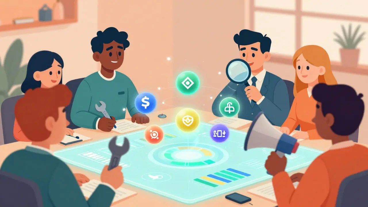 Cartoon characters interacting with floating token orbs on a holographic table, showing DeFi utilities.