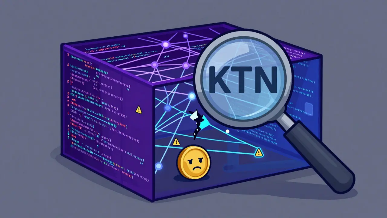 Cartoon of tangled code lines surrounding a digital token