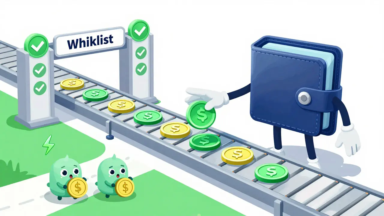 Cartoon-Wallet erhält Tokens über ein Förderband mit Verifizierungsschritten
