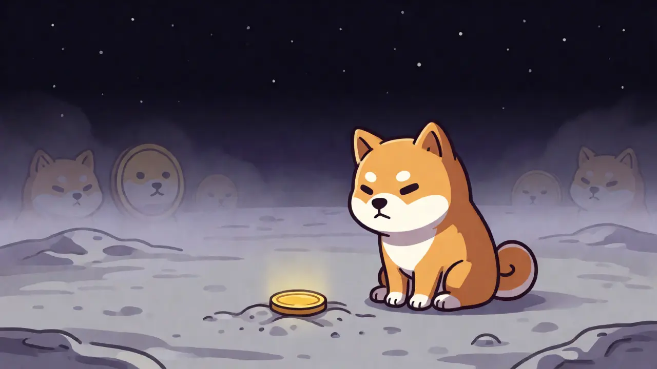 Ein trauriger Cartoon-Hund sitzt allein auf einer grauen Mondlandschaft neben einer Münze.