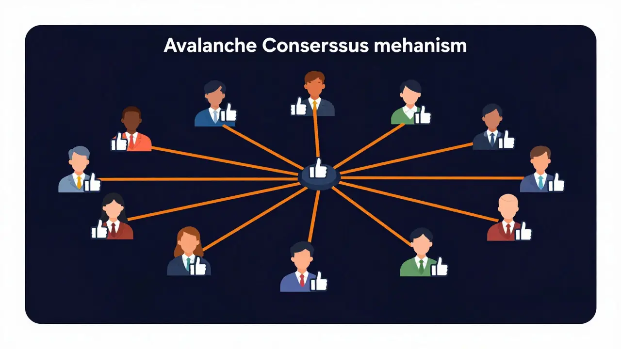 Grafik des Avalanche-Konsensmechanismus mit vernetzten Gruppen